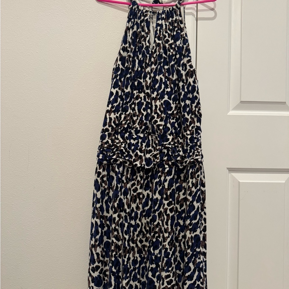 Alfani Macy’s Boutique Leopard Print Halter Dress Size 12 Blue Brown Ruched